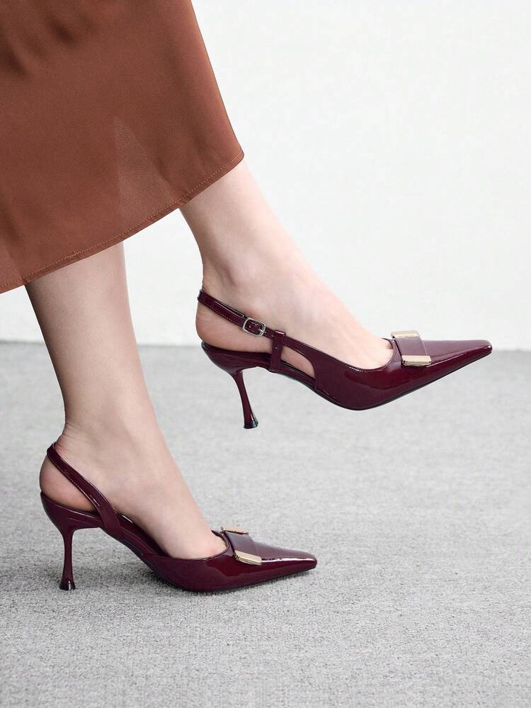 CUCCOO BIZCHIC Women's Burgundy Patent Leather Pointed Toe Metal Buckle Stiletto Heel Ankle Strap Sexy Fashion High Heel Pumps