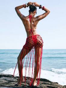 LYSMO 女士度假串珠镂空流苏下摆罩裙 - 紅色 - 查看 2