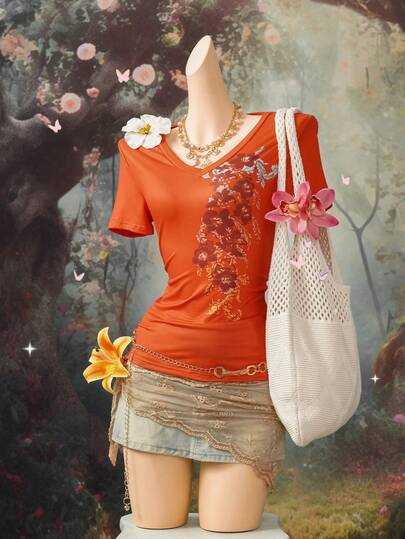 SHEIN DivaQ Women's Fashionable Orange Printed V-Neck Short Sleeve T-Shirt