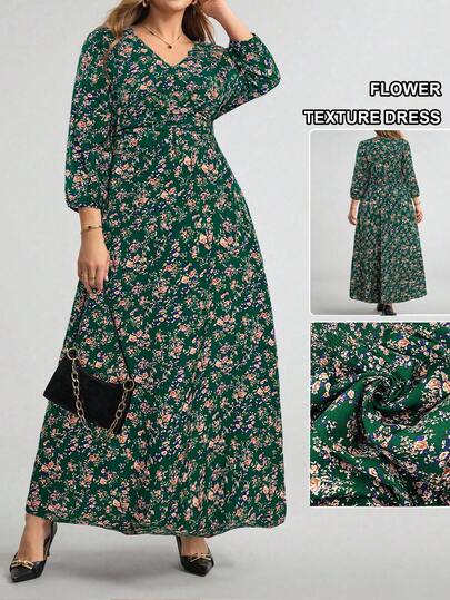 Comfylo Plus Size Ditsy Floral V-Neck Casual Versatile Dress Bohemian Dress For Women Long Floral Dress Women Floral Maternity Dress Dress Modest Modest Dress Women's Floral Dress
