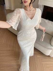 DAZY Đầm đuôi cá ren cổ chữ V tay bồng thanh lịch dành cho nữ, đầm mùa hè, đầm dự tiệc cưới, đầm hè cho nữ. - Màu be - Xem 6