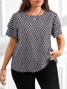 SHEIN Clasi Blusa de talla grande con cuello redondo, mangas de doble capa y estampado de rayas - Lila Púrpura - Ver 4