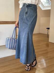 DAZY 女士常规腰长款鱼尾裙，优雅水洗弹力修身牛仔裙 - 中等水洗藍 - 查看 6