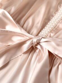 Franclia 细肩带+珍珠饰边/蝴蝶结收腰优雅上衣/温柔优雅吊带衫 - 杏色 - 查看 5