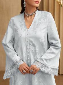 SHEIN Najma 女士V领优雅提花缎带蕾丝拼接长袖喇叭连衣裙 - 藍色 - 查看 4