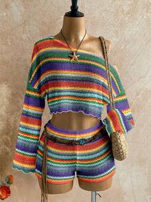 Soleia 2pcs Women Casual Vacation Colorful Striped Asymmetrical Shoulder Knit Top And Shorts Set, Vacation Outfit, Suitable For Summer, Beach,Summer Outfits For Women,Vacation Outfits Women - Multicolor - View 1