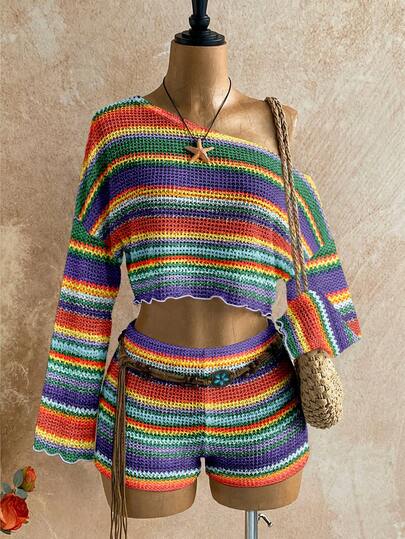 Soleia 2pcs Women Casual Vacation Colorful Striped Asymmetrical Shoulder Knit Top And Shorts Set, Vacation Outfit, Suitable For Summer, Beach,Summer Outfits For Women,Vacation Outfits Women