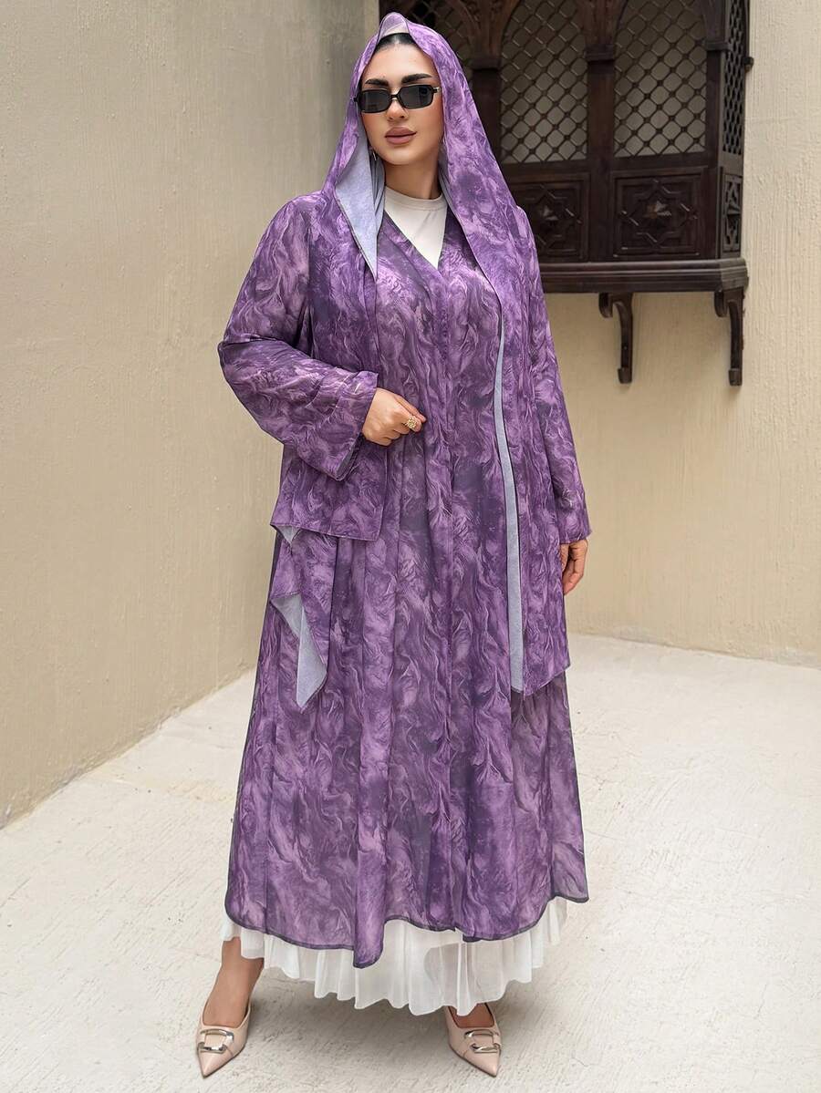 Dazy Plus 2pcs Floral Print Chiffon Scarf, Vacation Style Shirt - Purple - View 1