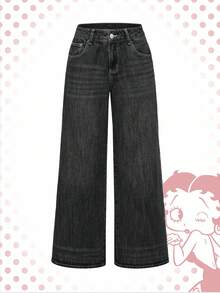 Betty Boop | ROMWE 大码 Y2K 复古街头风 Betty 刺绣宽松牛仔裤 - 黑色 - 查看 2