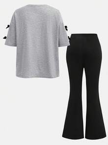 SHEIN 两件套少女休闲蝴蝶结T恤和喇叭裤套装，时尚舒适，适合日常穿着和外出活动。 - 灰色 - 查看 2