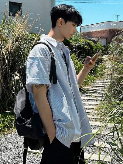 DAZY Áo sơ mi nam tay ngắn kẻ sọc, nhiều màu, mùa hè