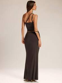 SHEIN BAE 女士棕色针织无袖吊带背心和低腰长裙套装，优雅两件套，棕色两件套 - 棕色 - 查看 2