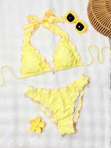 Bonvoyette-D Women Yellow Summer Casual Holiday Vacation Ruffle Trim Contrast Starfish Pendant Drawstring Tie Front Deep V Backless Bikini Set - Yellow - View 4