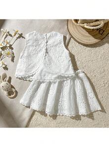 Loomiva 2件組幼兒女嬰白色洋裝套裝，夏季優雅蕾絲花卉刺繡無袖上衣與裙褲短褲，生日正式休閒百搭女嬰裝 - 白色 - 查看 9