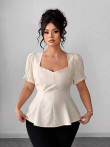 SHEIN Elenzya 大码女式纯色心形领优雅荷叶边短袖衬衫 - 杏色 - 查看 3