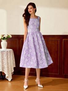 Vintamour Vintage Damen Kleid mit quadratischem Ausschnitt und ohne Ärmel, weiß und blau mit Blumenmuster, Sommer, elegant, Hochzeitsgast Geburtstag Outfit, Old Money Stil Kirche Kleid mit Taschen - Mauve - Übersicht 7