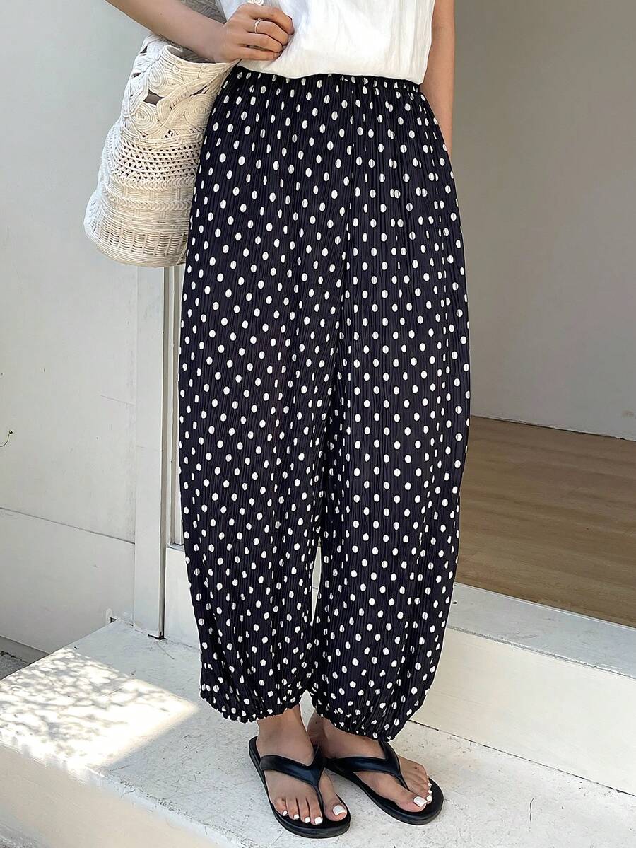 FRIFUL Quần lửng nữ cạp chun in chấm bi, ống côn - trắng - Xem 1