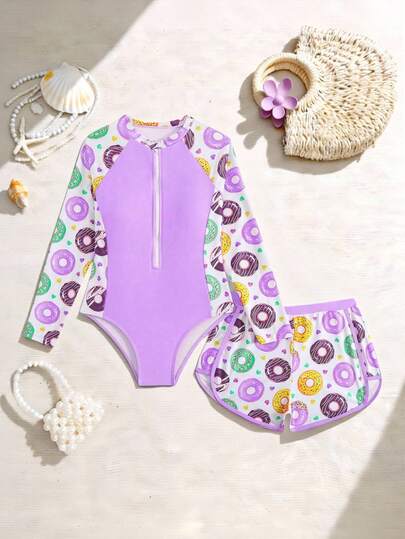 SHEIN Girls' Swimsuit, Tween Girls Bikini Sets, Girls' (Big) Swimsuit Set, Cute And Conservative, Purple Donut Patchwork Printed Knit Fabric Zipper With Chest Pad, Long Sleeved Two-Piece Set, One-Piece Jumpsuit With Four Corner Shorts, Fashionable And Casual, Exquisite And Gorgeous, Suitable For Swimming, Suitable For Summer Vacation, Beach Beach, Swimming Pool, Summer Party, Leisure Vacation Purple Kids Swim Suit Girl Long Sleeve Rash Guard Donut Swimsuit Kids Two Piece Swimsuit