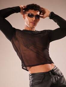 FeverCity Men's Sexy Mesh Patchwork Long Sleeve T-Shirt - Black - View 3