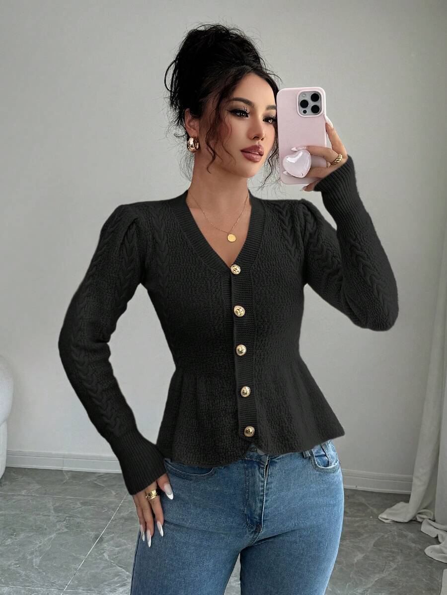 Elenzga Áo len cardigan dệt kim ôm sát cổ chữ V nhún bèo thanh lịch dành cho nữ, thích hợp cho kỳ nghỉ lễ và nghỉ dưỡng, mùa thu/đông - màu đen - Xem 1