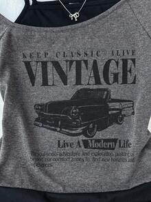 Teen Girls Casual Y2K Style Black & Gray Car Graphic Ruched Tie Front Cropped Top - Grey - View 4