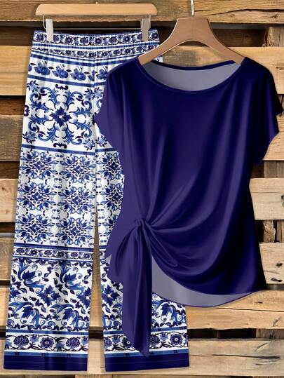 SHEIN Clasi Casual Vacation Style Blue Striped Wide Leg Pants Navy Blue Tie Bow Blouse Suitable For Spring/Summer Vacation