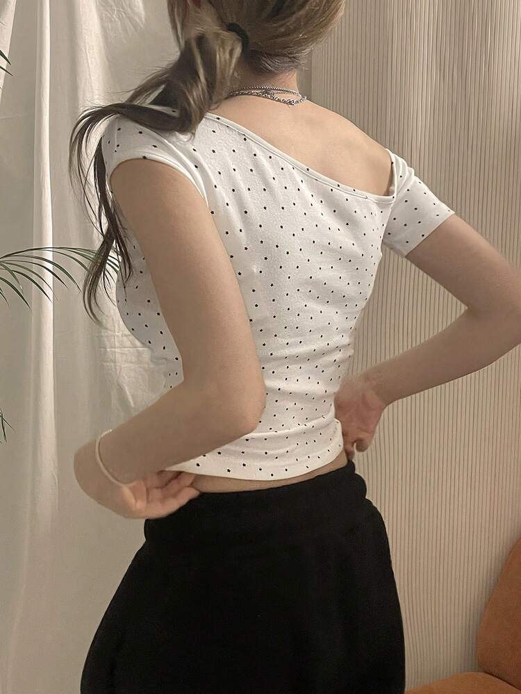 Women's Tight-Fitting Oblique Shoulder Star Print Full-Print T-Shirt