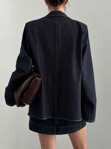 DAZY 女士翻领宽松长袖拼接印花休闲街头风牛仔外套 - 深色水洗藍 - 查看 5