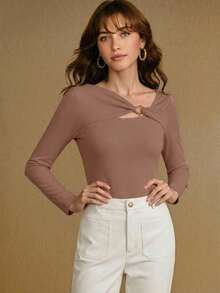 MOTF PREMIUM ASYMMETRIC TWIST COLLAR FITTED T-SHIRT, AUTUMN/WINTER - Camel - View 1