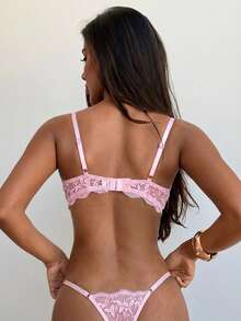 Aloruh Leaf Embroidery Sheer Mesh Underwire Lingerie Set - Pink - View 3