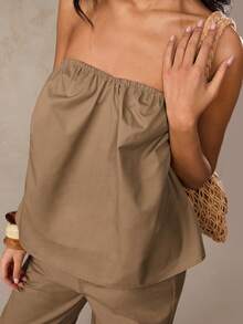 SHEIN BAE Bộ áo ống nhún bèo pha vải lanh và quần ống rộng cạp chun, trang phục thanh lịch, set đồ thường ngày, set đồ đi ăn trưa, set đồ đi nghỉ mát, set đồ mùa hè, bộ quần áo. - Màu Khaki - Xem 5