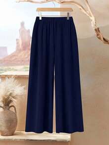 Rusticease 蓝白花卉叶子印花加大码女式优雅休闲宽松长袖上衣和裤子两件套，适合春夏穿着 - 彩色 - 查看 4