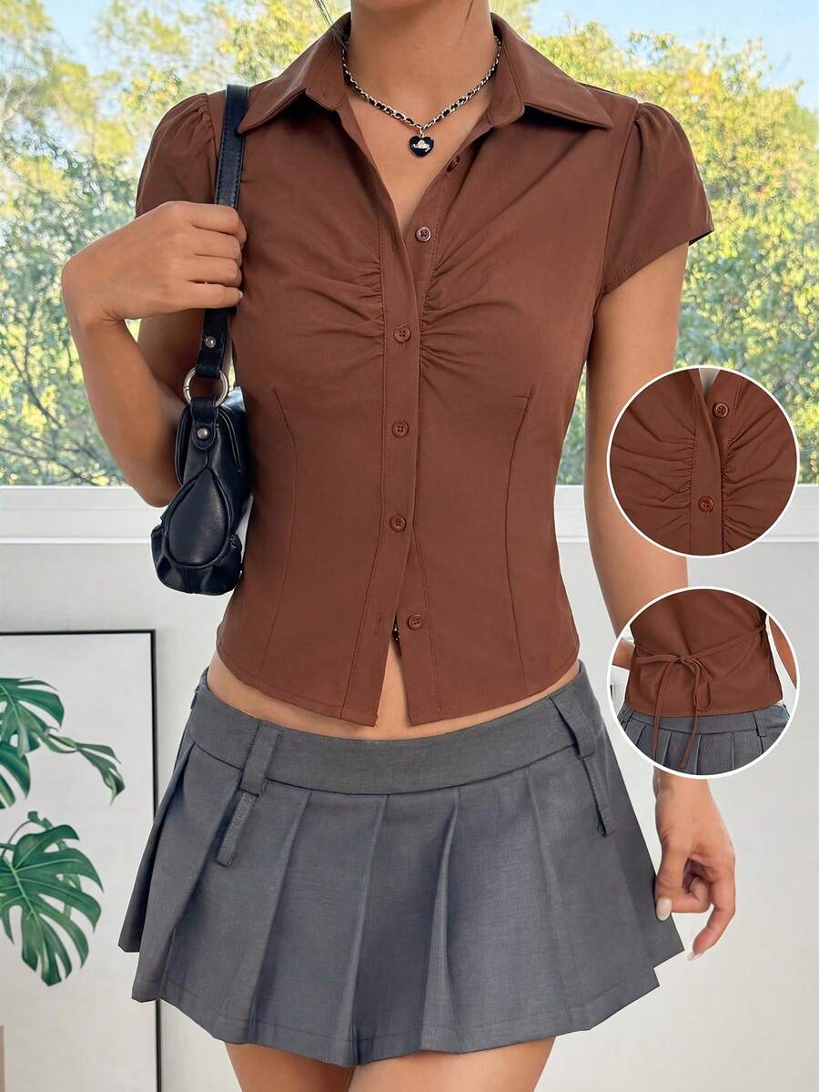 SHEIN EZwear 女士纯色翻领褶皱后背系带修身休闲/工作短袖衬衫 - 棕色 - 查看 1