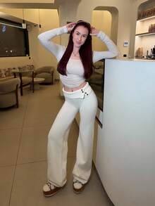 Abrilcols Women's Autumn And Winter Clothing Home Simple Comfortable Sweet Casual Thermal Lined Warm White Double-Layer Waist Design Buttons Asymmetrical Beige Simple Sweater Trousers, Daily Wear,Fall - White - View 5