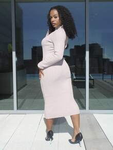 Steph T Mock Neck Ribbed Knit Sweater Dress In Fall/Winter - Khaki - View 5