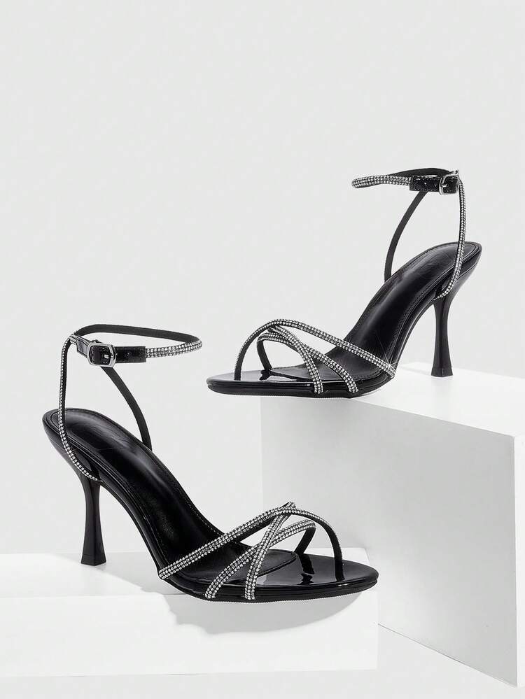 CUCCOO SZL Women Shoes Classic Simple Shiny Rhinestone Stiletto High Heel Sandals Cross Strap Design Banquet Party Dance Sexy Wear Fashion Dinner Commuter Women's Shoes Spring Shoes