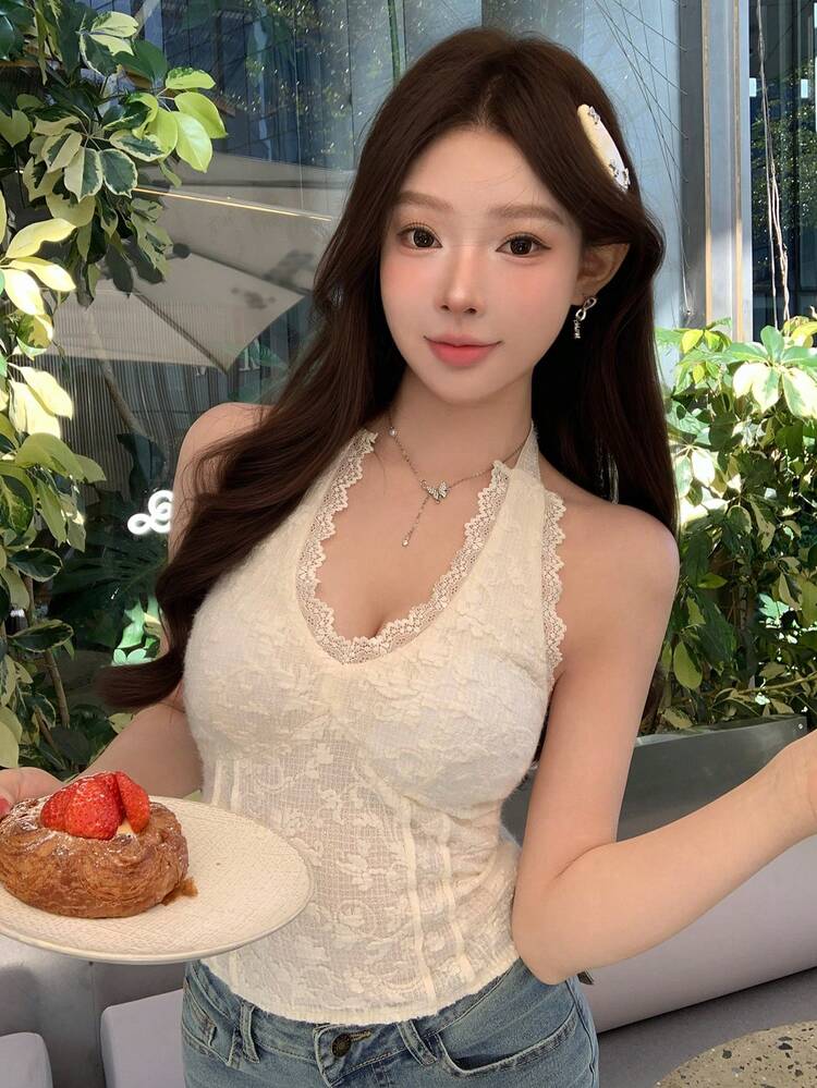 Spring & Summer Textured Embroidered Floral Print Lace Camisole, Backless Spaghetti Strap Hollow Out Cropped Top, White Spaghetti Strap Design, Tie Up, Music Festival, Valentine's Day, Wedding, Casual, Beach, Fitted Women's Tank Top Crop Tops Women