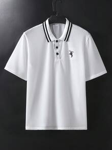 SHEIN 一件青少年男童绅士风白色领刺绣时尚短袖polo衫，绅士套装，商务优雅校园派对日常休闲外套，简约优雅风格 - 白色 - 查看 3