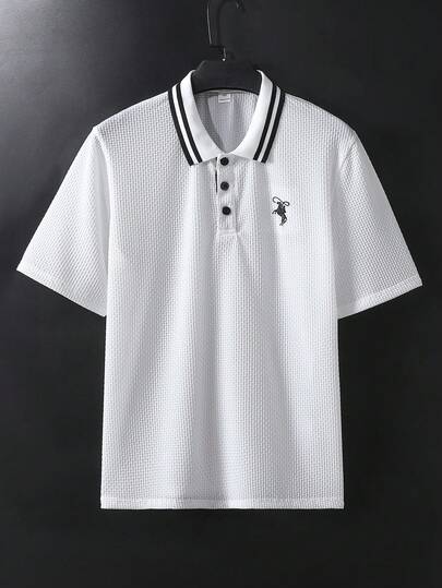 SHEIN 1pc Teen Boy Gentleman Style White Collar Embroidered Stylish Short Sleeve Polo Shirt, Gentleman Outfit Set, Business Elegant School Party Daily Casual Outerwear, Graceful Minimalist Style