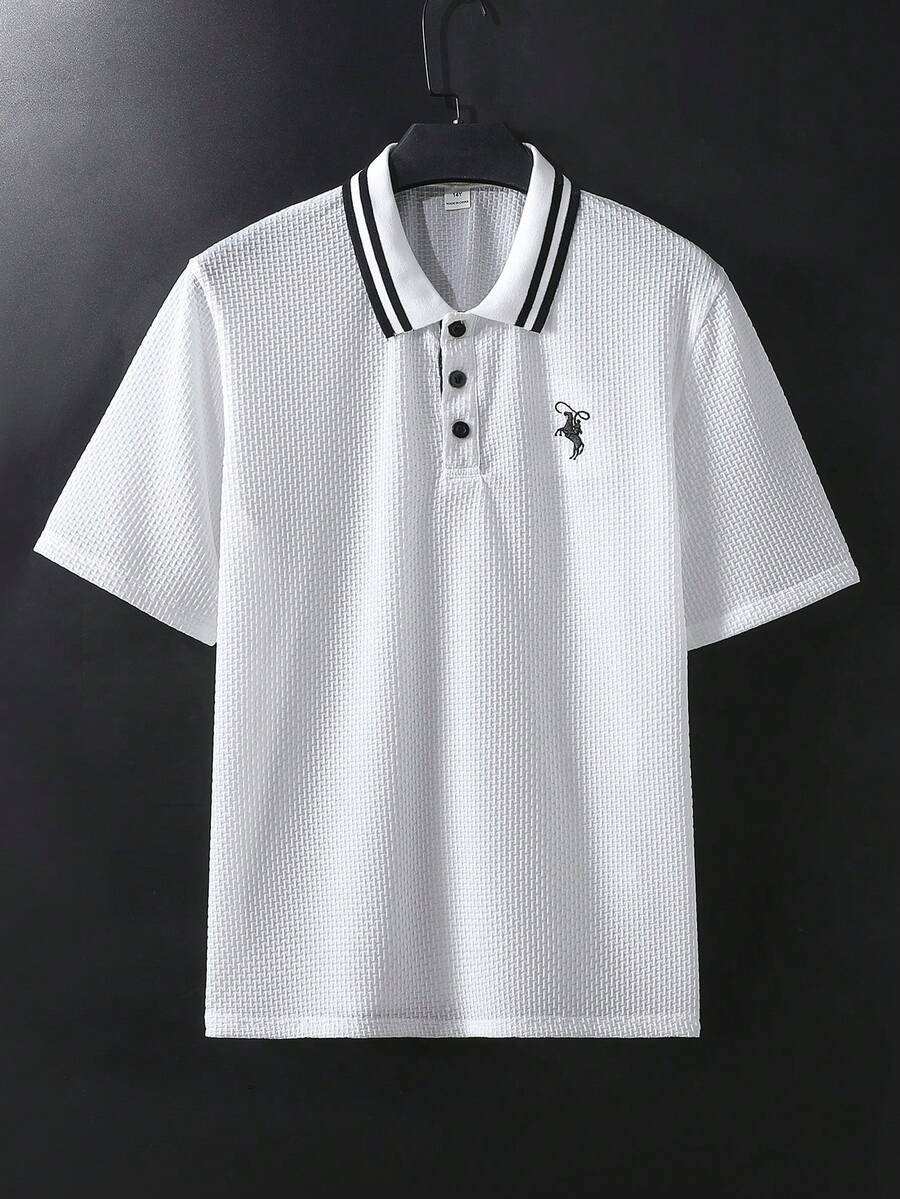 SHEIN 一件青少年男童绅士风白色领刺绣时尚短袖polo衫，绅士套装，商务优雅校园派对日常休闲外套，简约优雅风格 - 白色 - 查看 1