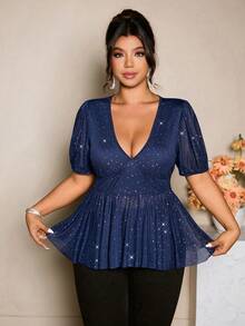 Cravure 大码女士优雅亮片腰部A字衬衫，性感迷人，适合派对、约会、情人节、办公室、毕业典礼、节日、音乐节、母亲节、万圣节、感恩节、复活节、国庆节、舞会、户外野餐、婚礼季等场合。 - 藏蓝色 - 查看 7