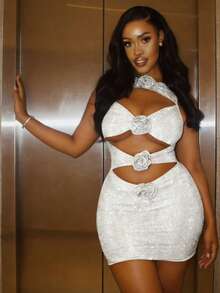 Glyssa 女士性感镂空紧身迷你连衣裙，玫瑰亮片拼接扭结细节，优雅春季时尚系列，白色 - 白色 - 查看 3