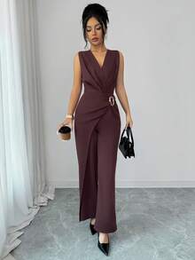 Elenzga Bộ jumpsuit nữ thanh lịch, tối giản, không tay, màu trơn, xếp ly, thích hợp cho mùa xuân/hè. - Màu nâu Sô-cô-la - Xem 6