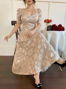 DAZY Women's Elegant Floral Textured Square Neck Puff Sleeve Midi Dress, Summer - Apricot - View 6