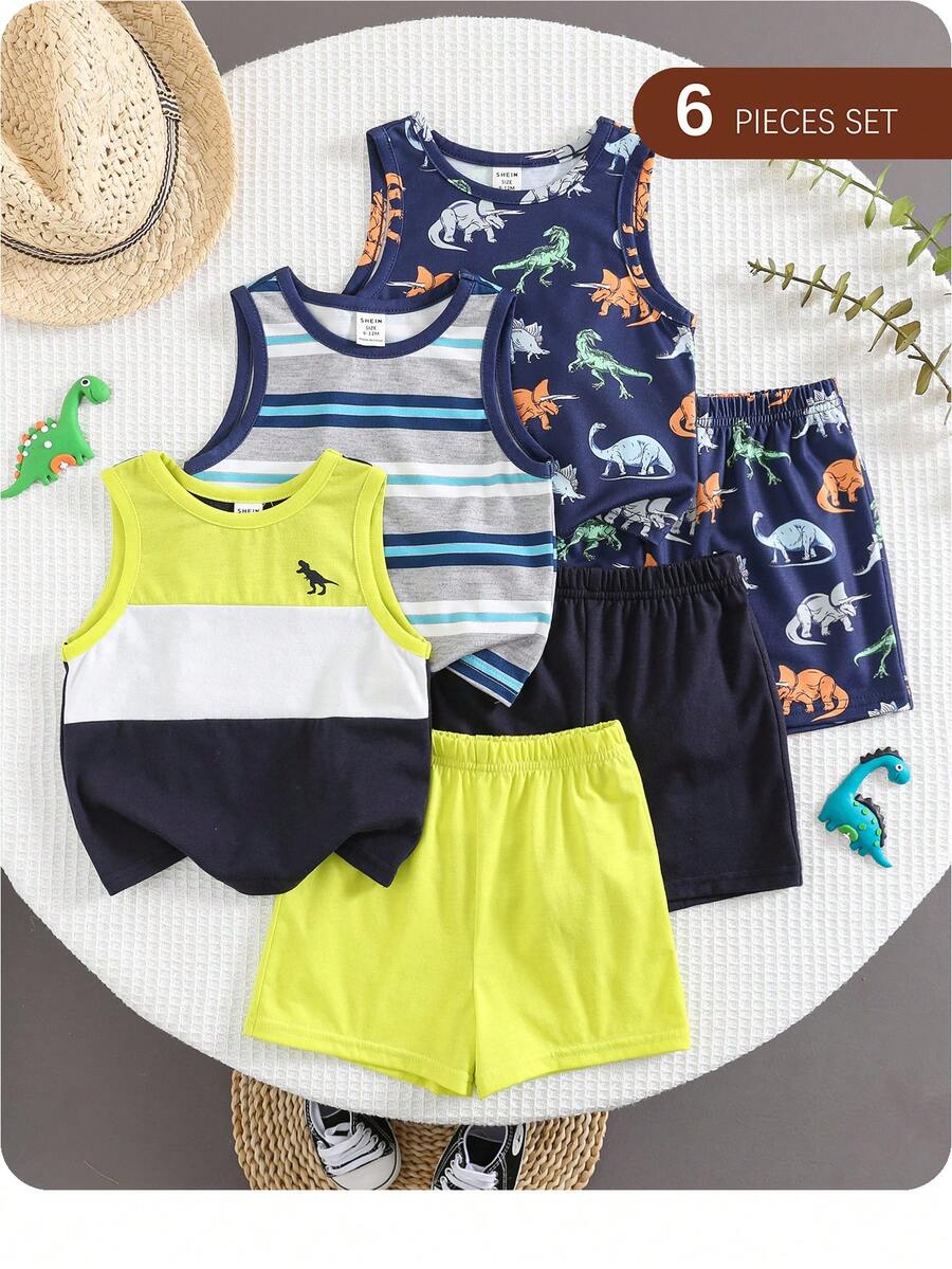 SHEIN 6pcs Kids Boys Casual Sleeveless Crew Neck Top And Shorts 2-Piece Sets, Versatile For School, Garden, Beach, Birthday, Spring/Summer/Fall/Winter, All-Match Tops, Boys Outfit Sets, Teen Girls Outfit Sets, School Tops, T-Shirts For Kids Boys