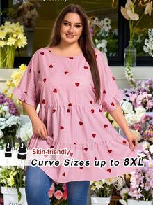 SHEIN CURVE+ 加大码女装春夏休闲条纹爱心图案灯笼袖复古衬衫波西米亚风度假风，情人节娃娃衬衫 - 彩色 - 查看 5