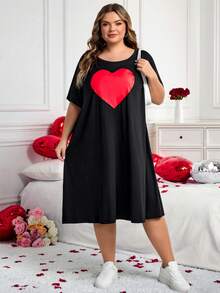 SHEIN CURVE+ 加大码/情人节/大码舒适弹力长袖短袖黑色休闲连衣裙，夏季百搭 - 黑色 - 查看 5