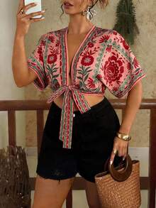 Travachic 大码度假风印花系带短袖衬衫 - 粉色 - 查看 6