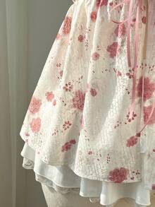 Elamini 女士粉色花卉蕾丝V领开衫，配蝴蝶结、荷叶边和不规则腰线设计，性感甜美可爱浪漫海滩度假风吊带衫，适合夏季穿着 - 粉色 - 查看 3