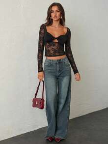 Aloruh 女士新款高街性感迷人浪漫蕾丝透视低胸圆环紧身镂空露肩长袖上衣 - 黑色 - 查看 4